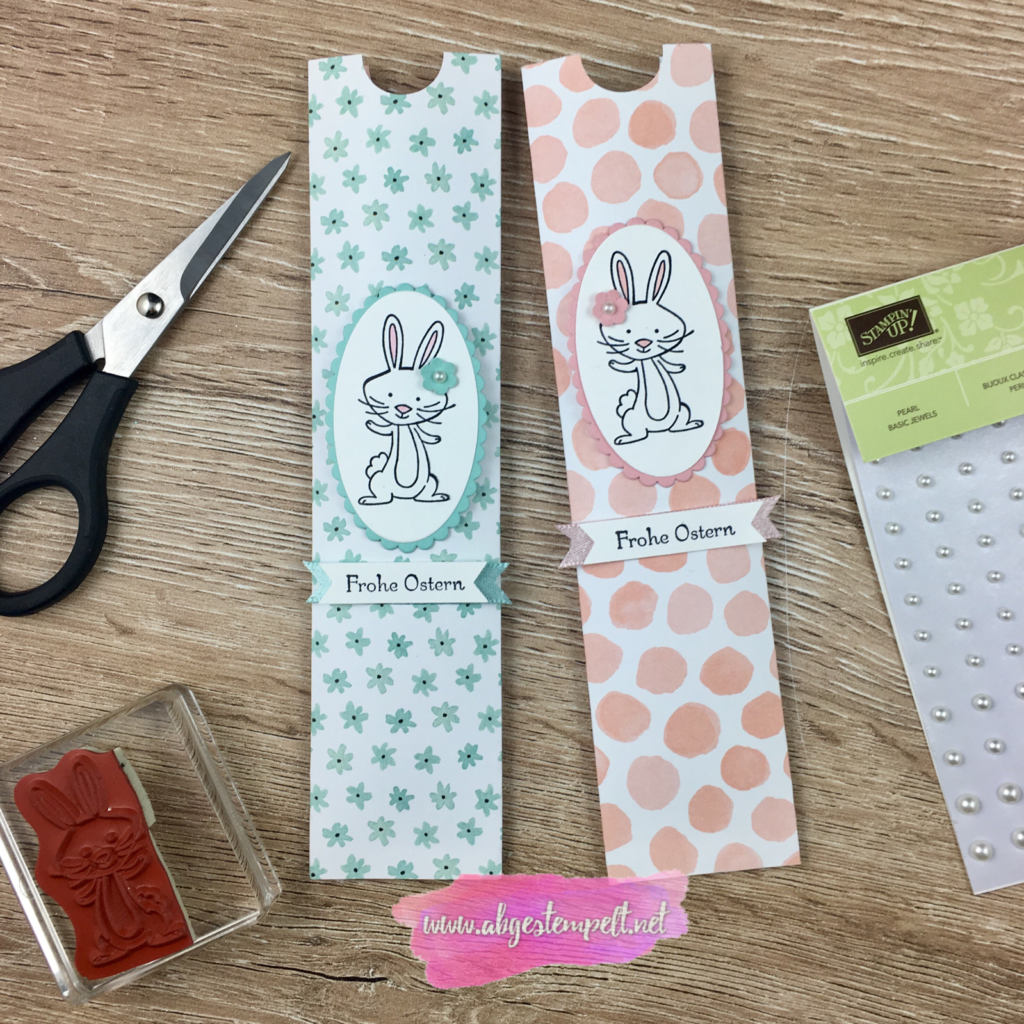 Ostern 2018 Schoko Lolly Verpackung mit Hase in Aquamarin Puderrosa Stampin' Up! abgestempelt