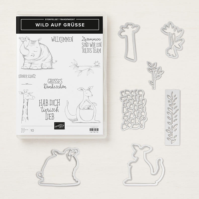 Produktpaket Wild auf Grüße - 148326, Stempelset Wild auf Grüße + Thinlits Formen Tierisch gute Freunde